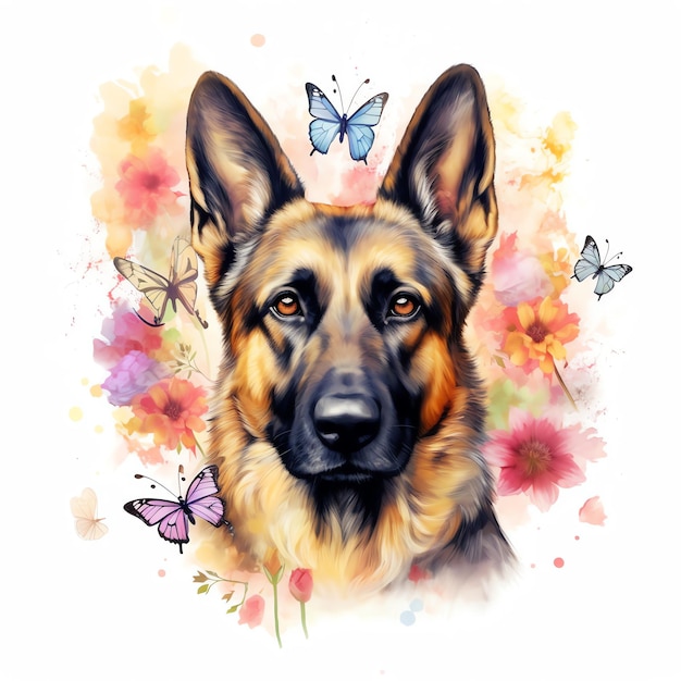 Cute German shepherd dog in boho style surrounded by flowers and plants Beautiful German shepherd