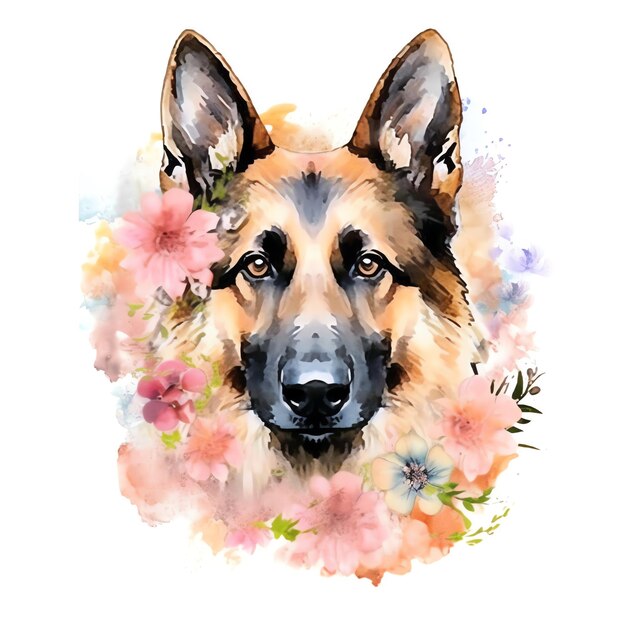 Cute German shepherd dog in boho style surrounded by flowers and plants Beautiful German shepherd