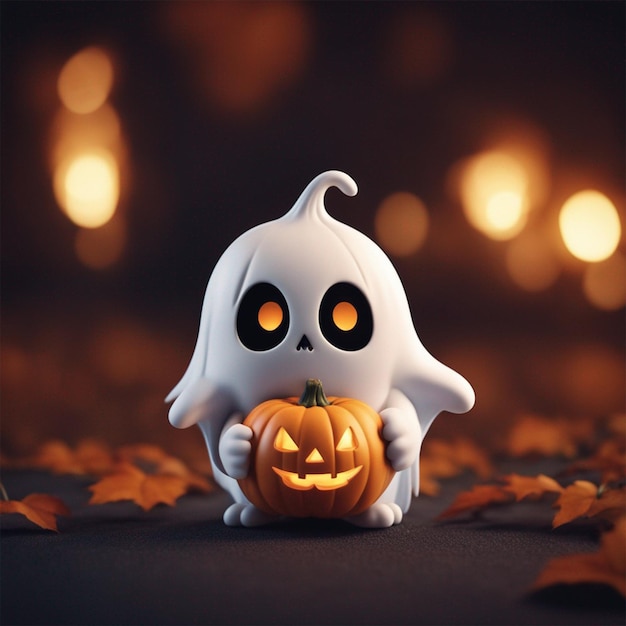 Cute ghost holding pumpkin cartoon illustration ai generated