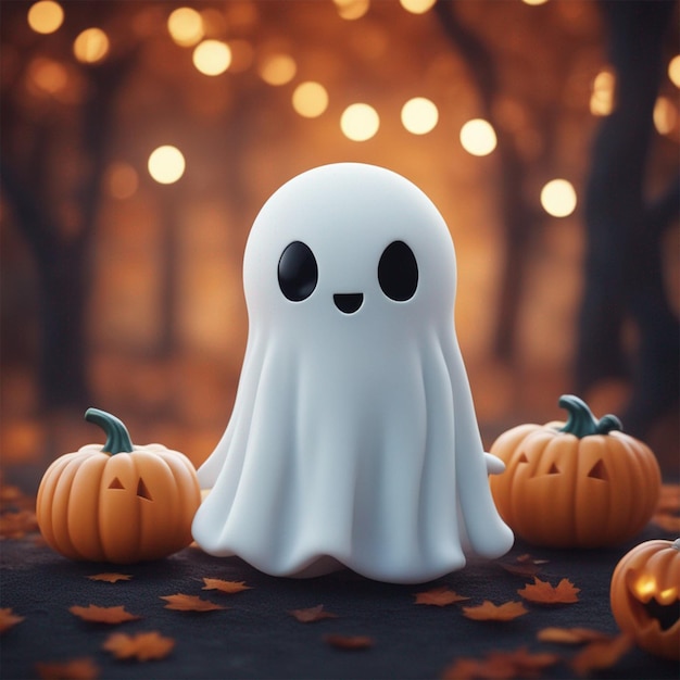 Cute ghost holding pumpkin cartoon illustration ai generated