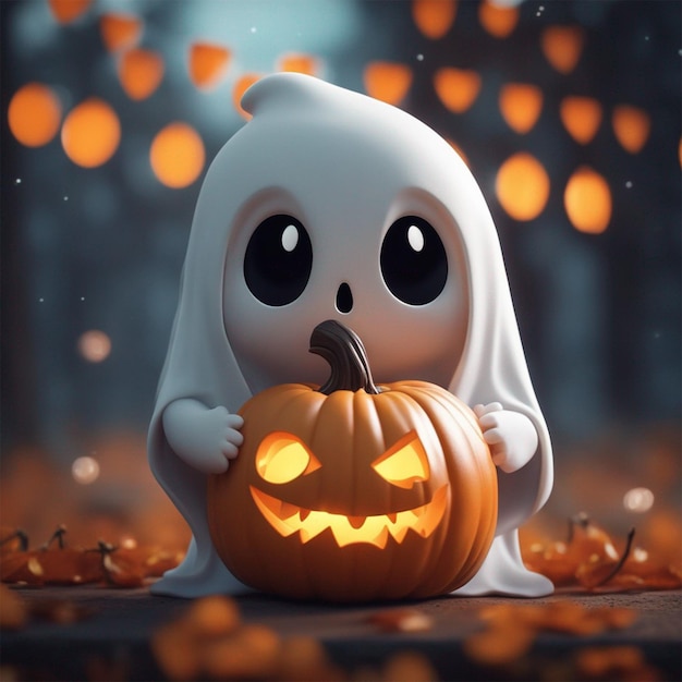 Cute ghost holding pumpkin cartoon illustration ai generated