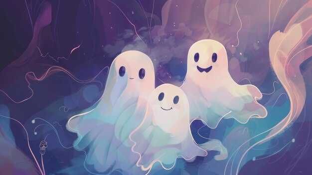 Cute ghost monsters with cheerful expressions float against an abstract backdrop