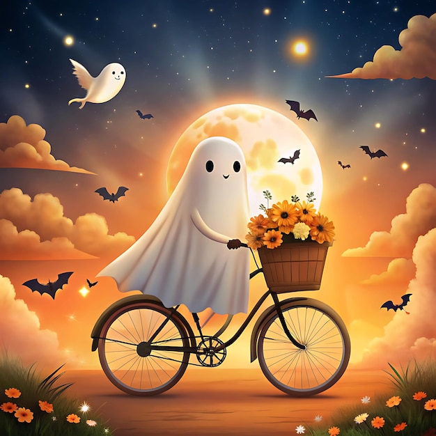 A cute ghost riding a motorcycle in a Halloween