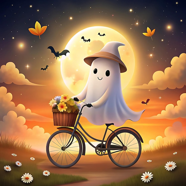 A cute ghost riding a motorcycle in a Halloween