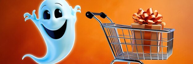 cute ghost in a shopping cart discounts and sales in honor of October 31st Halloween style background