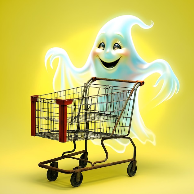 Photo cute ghost in a shopping cart discounts and sales in honor of october 31st halloween style background