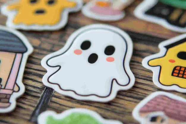 Cute Ghost Sticker on Wooden Background