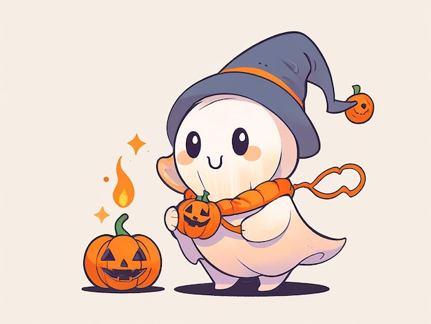 A cute ghost wearing an orange beanie with a pumpkin and holding a Halloween oil lamp vector design