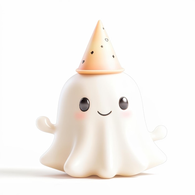 Photo cute ghost wearing party hat smiling on white background