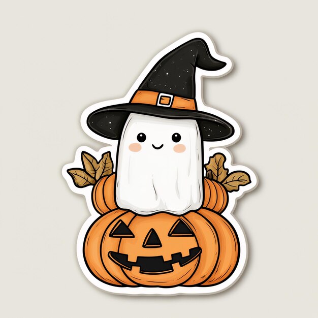 Photo cute ghost in a witch hat sitting on a pumpkin