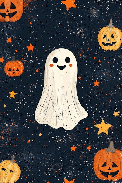 Cute Ghost with Pumpkins and Stars for Halloween