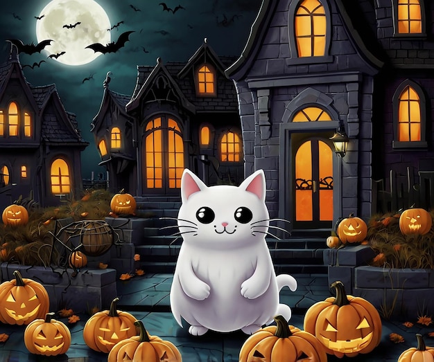 Cute Ghostly Cat with Jack O Lantern Surrounded by Halloween Decorations