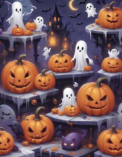 Cute ghosts and pumpkins halloween illustration