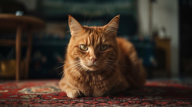 Cute ginger cat lying on the carpet and looking at the cameragenerative ai