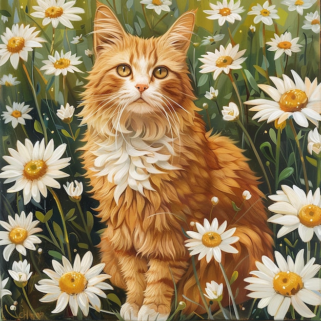 cute ginger cat sits in daisy flowers