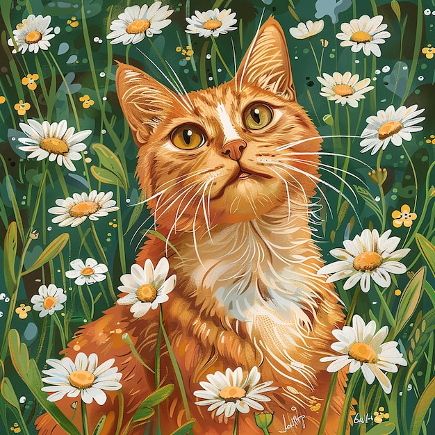 cute ginger cat sits in daisy flowers