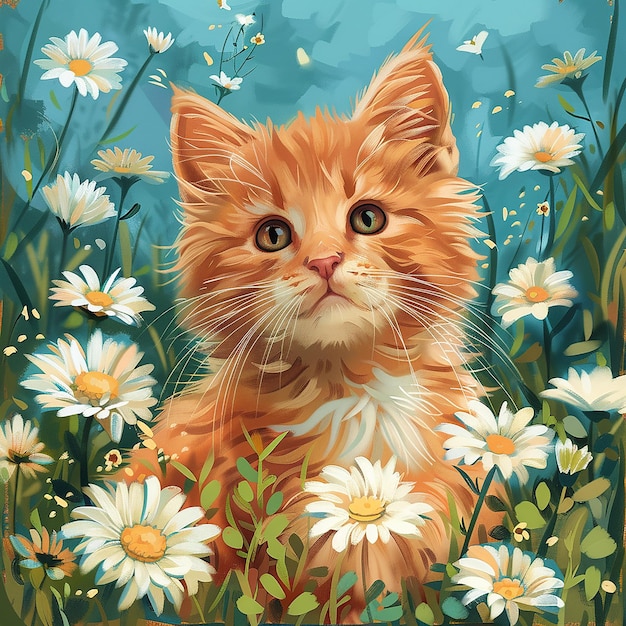 cute ginger cat sits in daisy flowers