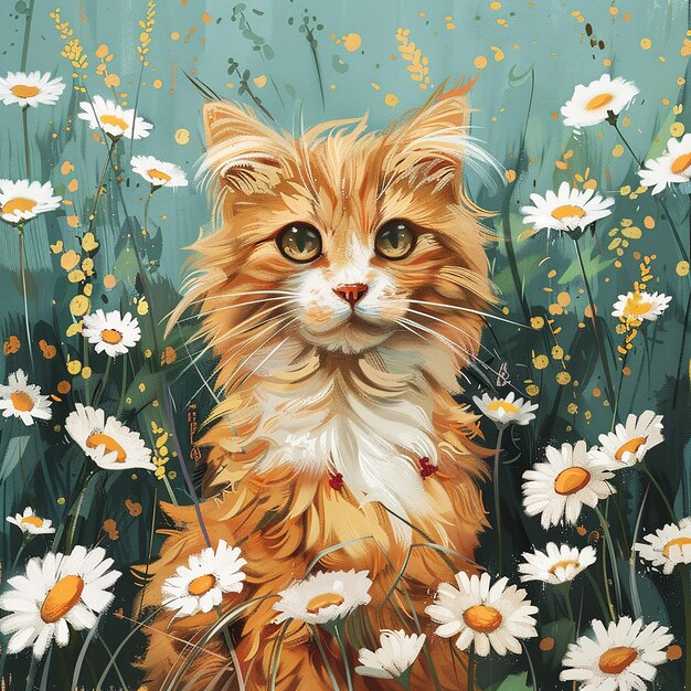 cute ginger cat sits in daisy flowers