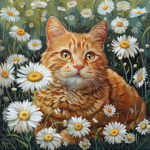 cute ginger cat sits in daisy flowers