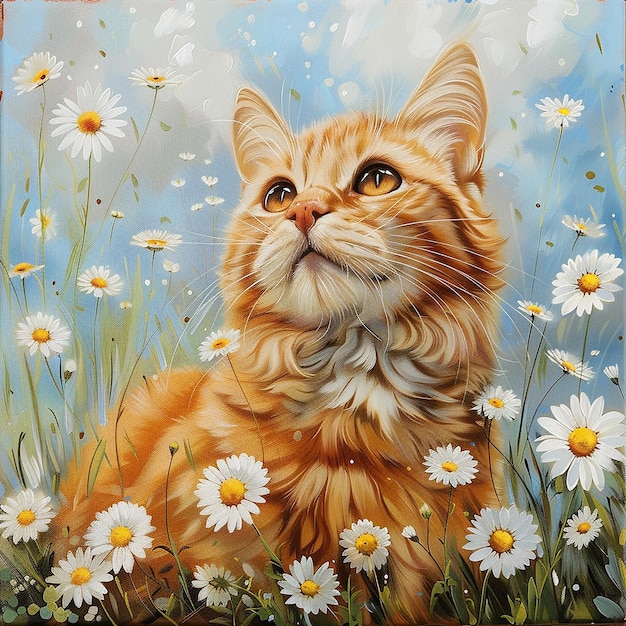 cute ginger cat sits in daisy flowers