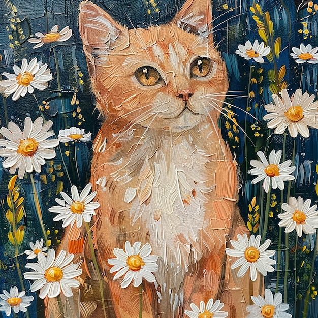 cute ginger cat sits in daisy flowers