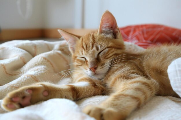 Cute ginger cat sleeping on the bed at home Cute pet