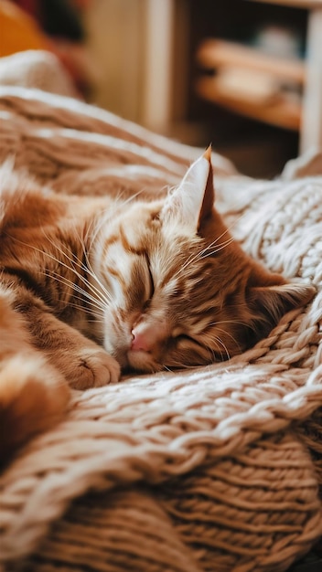 Photo cute ginger cat sleeping on knitted pld at home closeup