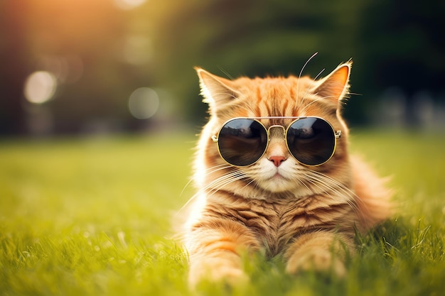 Cute ginger cat wearing sunglasses lying on the grass in the park