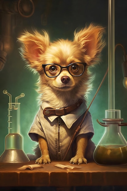 cute ginger dog with glasses in uniform scientist researcher in scientific chemical laboratory