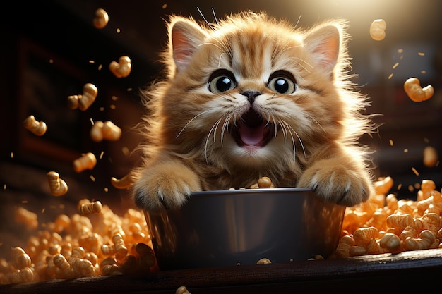 Cute ginger kitten eating popcorn from bowl on dark background