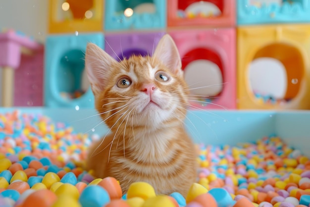 Cute Ginger Kitten Playfully Looking Up While Sitting In A Colorful Ball Pit