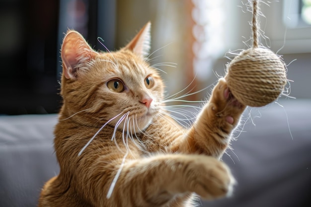 A cute ginger kitten playing a string ball