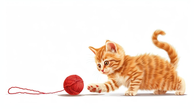 Photo a cute ginger kitten playing with a red ball of yarn the kitten is crouched down with one paw on the ball and the other paw reaching out to bat it