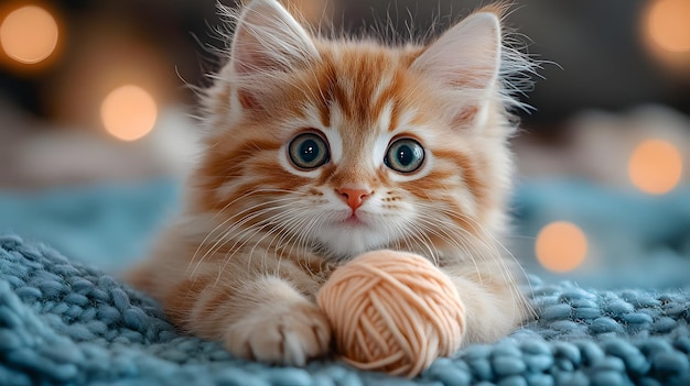 Photo cute ginger kitten playing with yarn ball photo