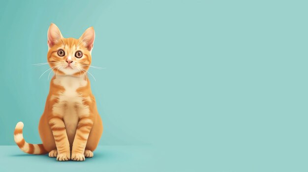 A cute ginger kitten sits on a blue background