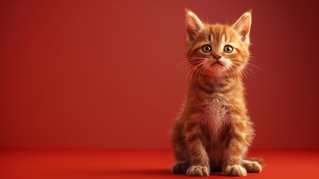 A cute ginger kitten sitting on a red background looking up