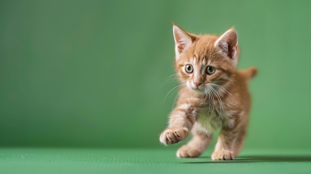 A cute ginger kitten walks towards the camera on a green background