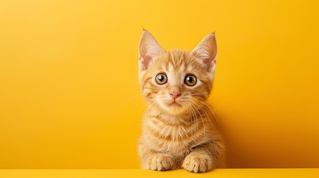 Cute ginger kitten with big eyes looking at the camera on yellow background