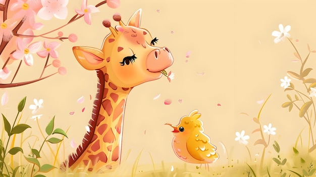 Photo cute giraffe and bird illustration with flowers