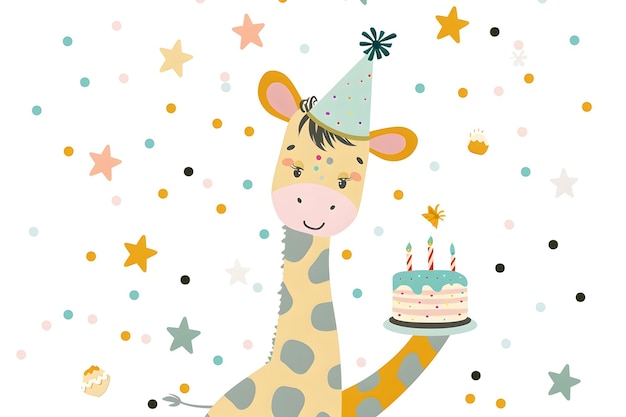 Photo cute giraffe celebrating birthday with cake and party hat in colorful