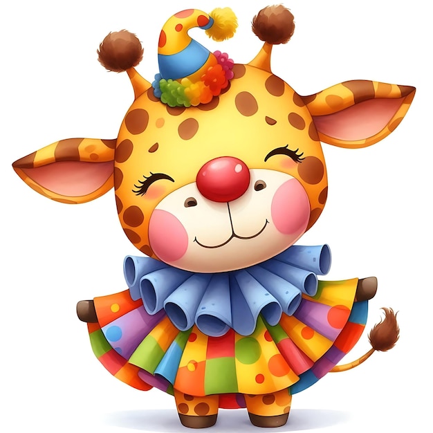 A cute giraffe dressed in a colorful clown costume complete with a hat and frilled collar