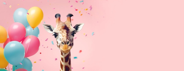 Cute giraffe on a festive pink background with confetti Banner copy space