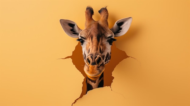 Photo cute giraffe peeks through the hole in the paper wall