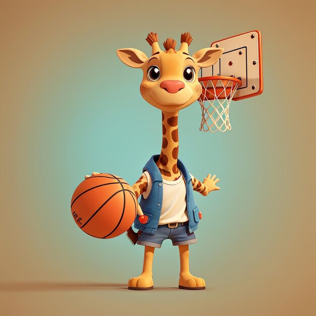 Photo cute giraffe playing basket ball cartoon vector icon illustration animal sport icon isolated flat