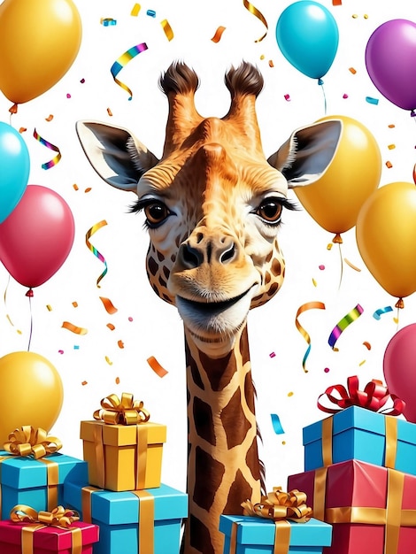 Cute giraffe smiling at the party with balloons presents and confetti isolated on white background