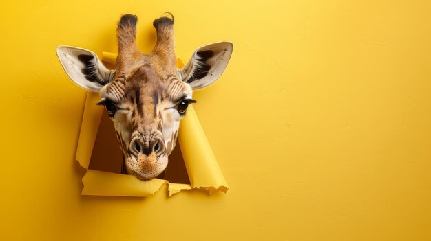 A cute giraffe on an yellow paper wall