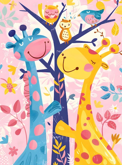 Photo cute giraffes in a tree with birds