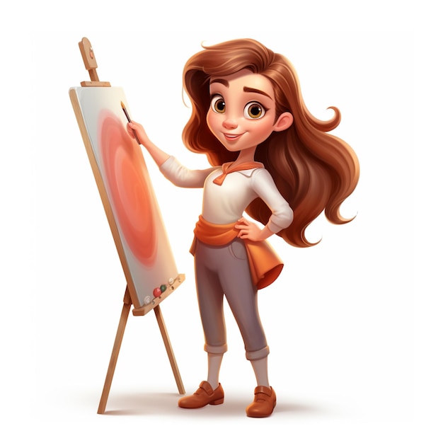 Cute girl artist draws a picture in 3D cartoon style on a white background