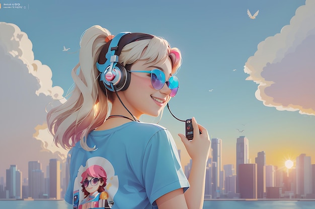 a cute girl beautiful sunglasses enjoying music with earphones Illustrator