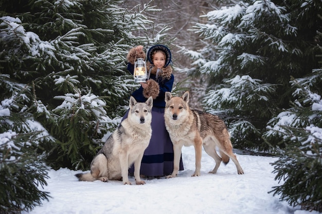 A cute girl in a beautiful vintage costume walks with wolves in the winter forest